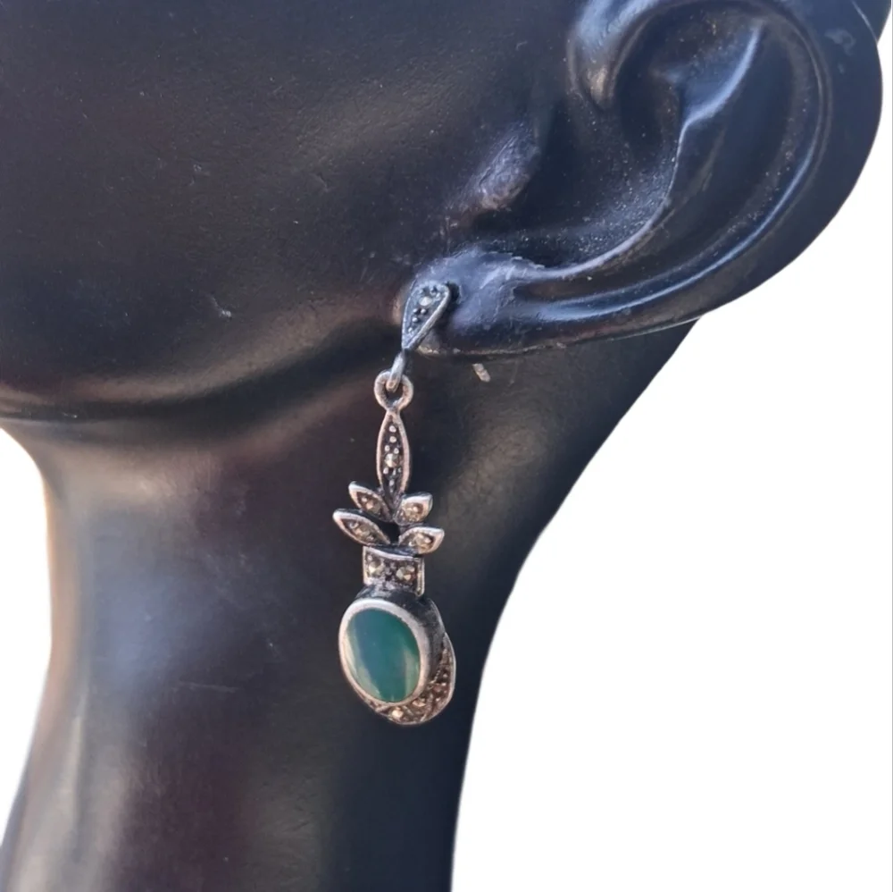 Vintage Sterling Silver Marcasite & Green Onyx Drop Earrings | Art Deco Style - Picture 2 of 5